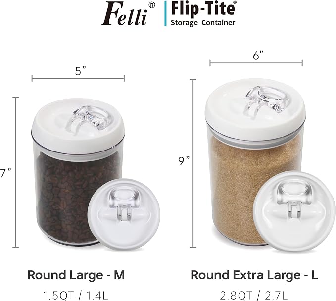 Felli Flip Tite Storage Container with Lid 6" ROUND Airtight Ring Lock Top, Plastic Canister Jar for Flour Sugar Rice Protein Powder Coffee Cracker Kitchen Pantry Organizer (6" Round Nest-M 2pk)