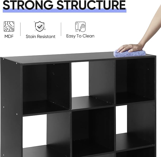 JupiterForce 9 Cube Storage Organizer Wooden Display Shelf W/ 5 Removable Back Panels, Customizable Bookcase Bookshelf for Home, Office, Bedroom and Living Room (Black)