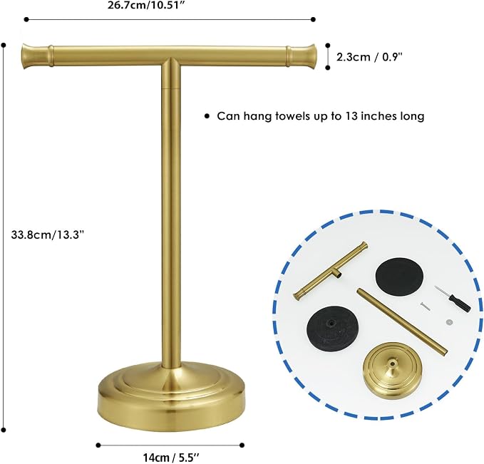 RUMOSE Brushed Gold Hand Towel Holder Stand Countertop Towel Rack | 13 Inch Bathroom Kitchen Vanity T-Shape Towel Stand Free Standing Stainless Steel Towel Bar Towel Ring