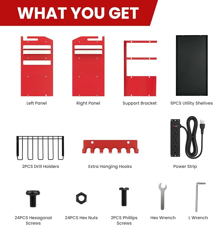 Power Tool Organizer Wall Mount, Includes Power Strip, RED | Heavy Duty 600 Lbs Metal Tool Storage Rack, 4-Tier Garage Drill Holder & Workshop Battery Management Station