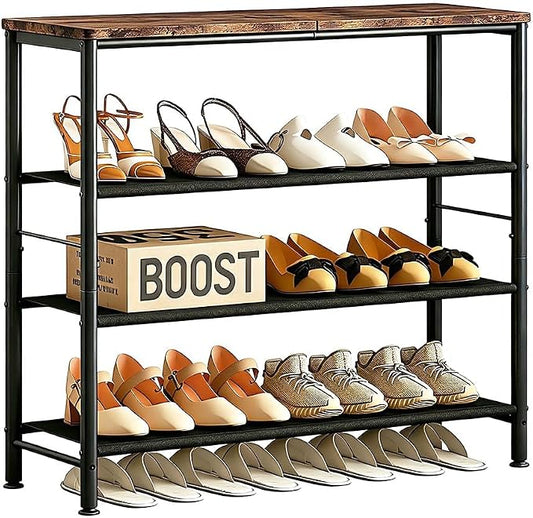INGIORDAR 4 Tier Shoe Rack Storage Organizer Shelf Top with MDF Board | Space-Saving,with 3 Layer Fabric,stores 16+Pairs of Shoes for Closet,Entryway,Bedroom,Living Room Garage,Black+Rustic Brown