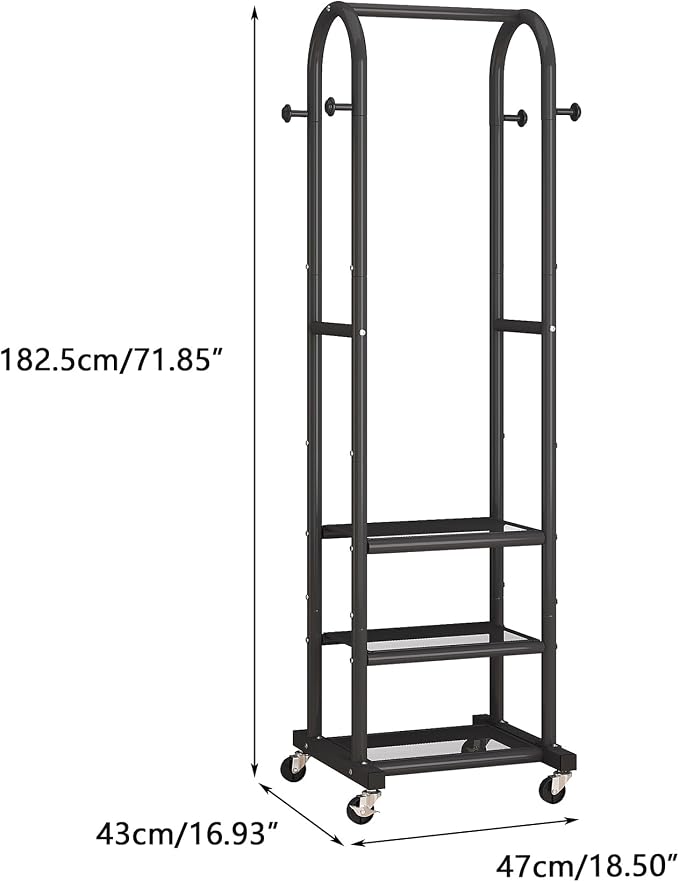 Dttwacoyh Clothing Rack with Wheels,Narrow Metal Garment Rack,Black | Easy to install, 71.8 Inches Display Rack with 4 Side Hooks & 3 Shelves,for Small Flats, Bedroom, Entryway,Black Clothes Rack