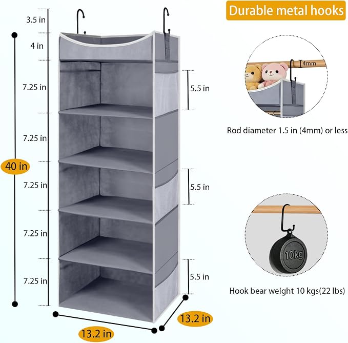 5-Shelf Hanging Closet Organizer and Storage with 6 Side Pockets, Collapsible Closet Hanging Shelves for Storage, Grey