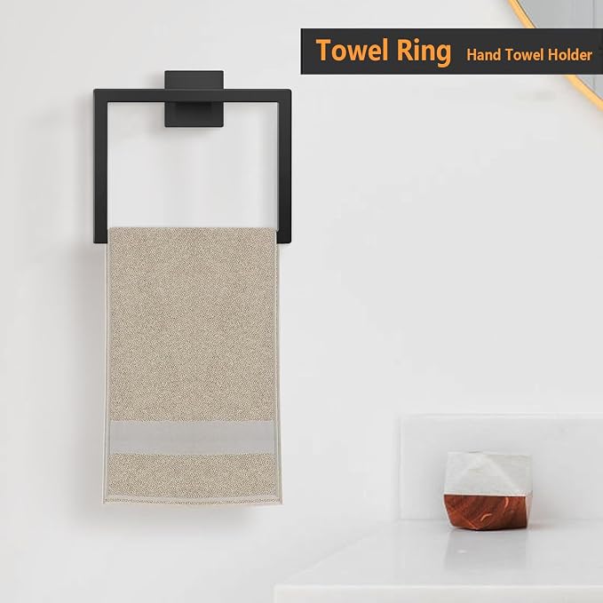 JOPOFI Towel Ring - Hand Towel Holder for Bathroom - Matte Black | Stainless Steel Towel Holder, Towel Racks for Bathroom, Square Modern Design Hand Towel Holder, Contemporary Hand Towel Bar