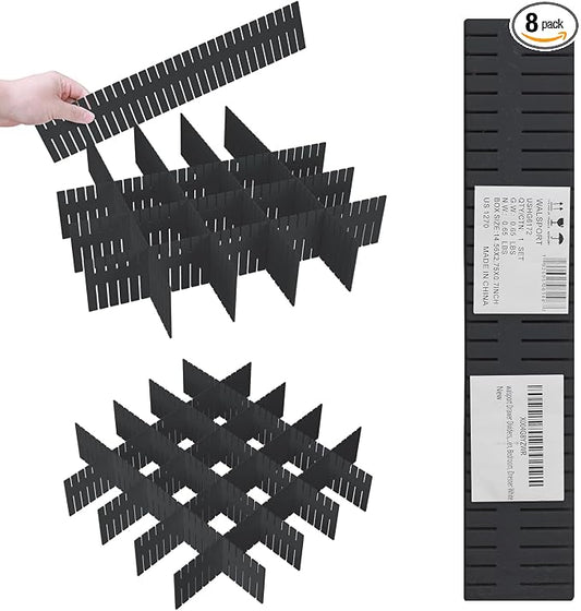 Adjustable Drawer Dividers, Cut to Fit Plastic Organizer Strips, 8-Pack | Plastic Drawer Dividers for Organizing Utensils Socks Underwear Makeup in Kitchen Bedroom Drawers Bins Fridge Compartments