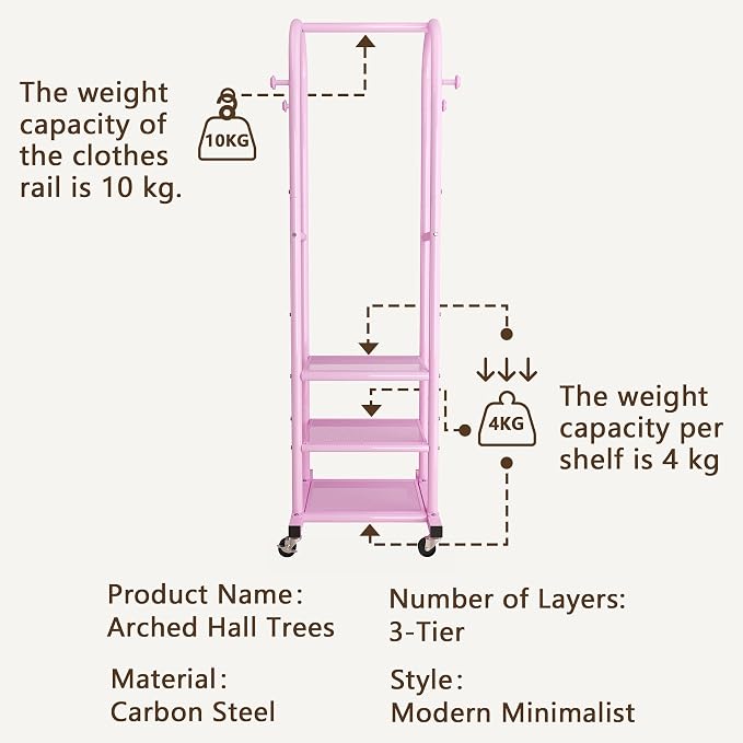 Dttwacoyh Clothing Rack with Wheels,Narrow Metal Garment Rack,Pink | Easy to install, 71.8 Inches Display Rack with 4 Side Hooks & 3 Shelves,for Small Flats, Bedroom, Entryway,Pink Clothes Rack