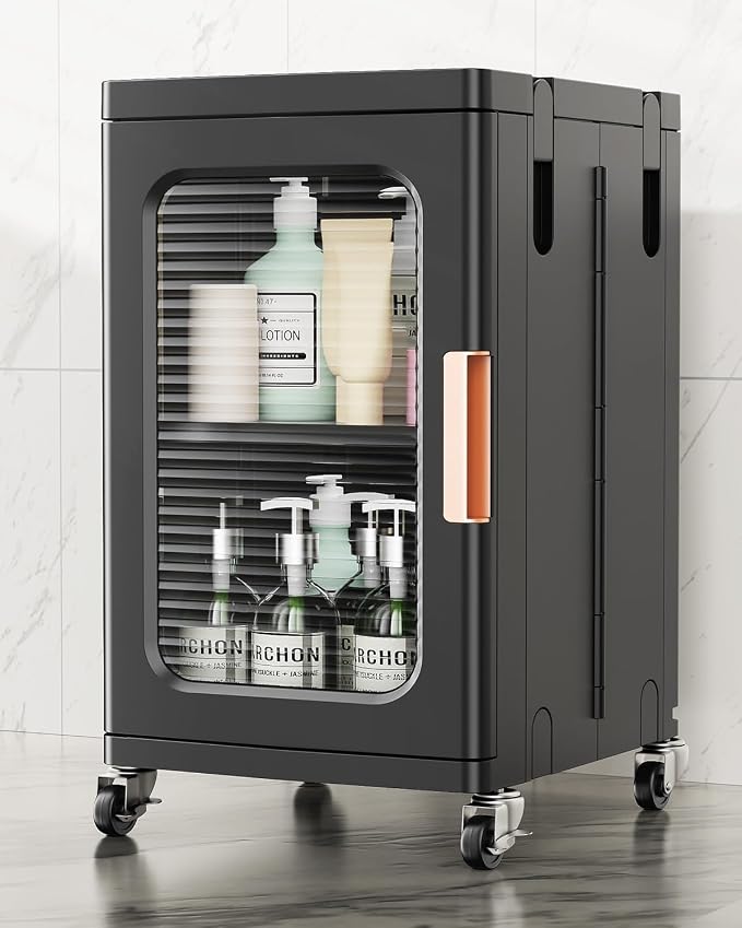 BROVIEW 1-Tier Tall Narrow Storage Cabinet Organizer, Slim Bathroom Cabinets with Adjustable Shelves and Door, Plastic Kitchen Pantry Organizers and Storages for Small Space, Laundry, Black
