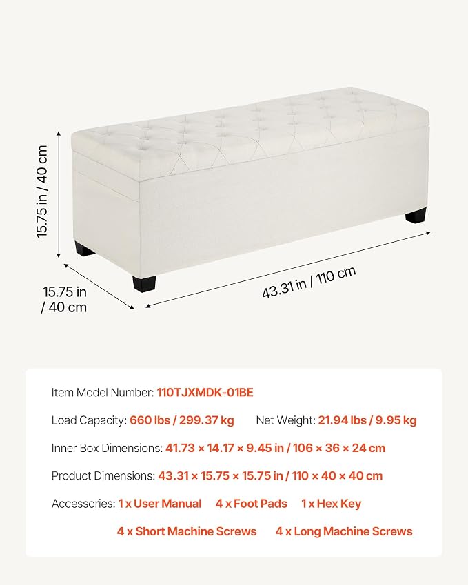 VEVOR Storage Ottoman Bench, End of Bed Bench with 2 Side Bags, Fabric Upholstered with Metal Frame, Toy Box Storage, Bed Benches for Foot of Bed, Bench for Entryway, Living Room, Playroom, Beige