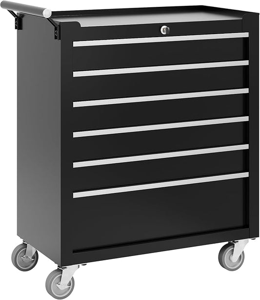 Garvee Rolling Tool Chest, 6 Drawers Tool Storage Cabinet, Toolbox with Wheels, Portable Tool Cabinet Organizer with Locking System & Drawer Liners, Tool Storage Cart for Garage, Workshop, Black