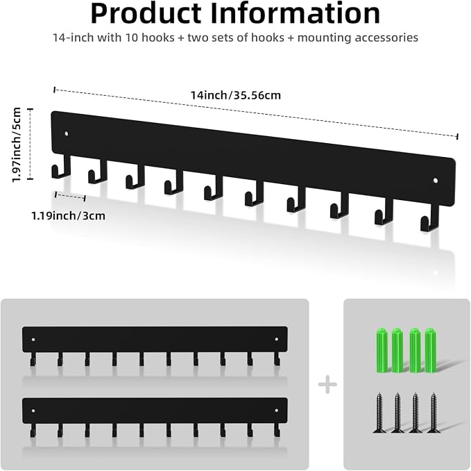 Key Holder Wall Mount,14in with 10 Hooks,Black Metal Key Hanger for Car Key Ring,Suitable for Entrances/Door/Living Rooms/Kitchen/Offices（2 Sets）