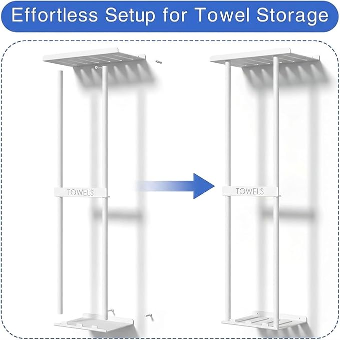 2-Tier Wall-Mounted Towel Rack with Hooks & Shelf, Black Metal Towel Holder for Small Bathrooms (White)