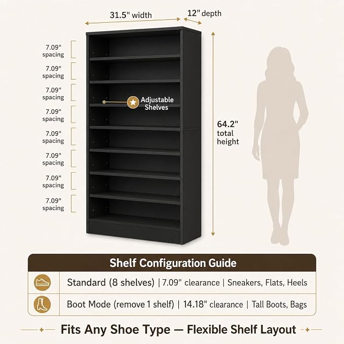 9-Tier Tall Shoe Rack Cabinet for Closet & Entryway, Black | Wooden Narrow Shoe Organizer Cabinet with Adjustable Shelves, Freestanding, for Bedroom, Hallway