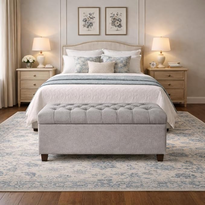 Homepop Home Decor | Tufted Ainsley Button Storage Ottoman Bench with Hinged Lid | Ottoman Bench with Storage for Living Room & Bedroom, Grey