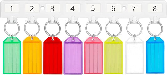 Uniclife Key Tag Rack, Hook Style Wall Mount Key Holder | Plastic Hook-Style Wall Rack Keeps Labeled Keys Organized with Transparent Tough Key Tag Identifiers in 8 Assorted Colors.
