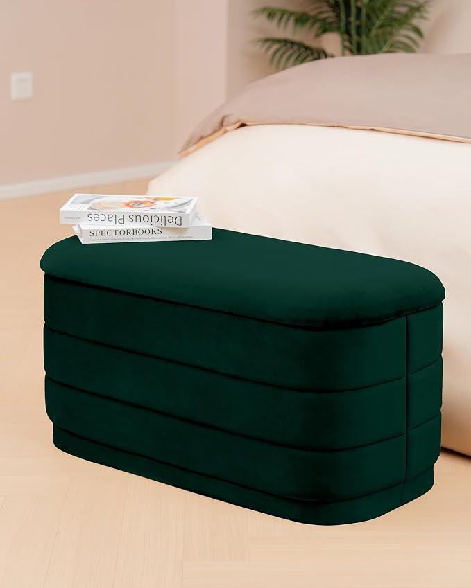 B FSOBEIIALEO Velvet Storage Ottoman with Tray, Folding Ottoman with Storage Coffee Table Shoes Bench for Dorm Room, Living Room Bottle Green, 30"x15"x15"