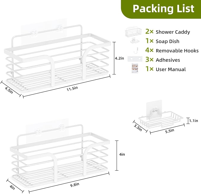 Yougai Shower Caddy, Shower Organizer with Soap Holder and Hooks, Rustproof Shower Shelves, No Drilling Bathroom Organizers and Storage, Wall-Mounted Kitchen & Home Decor (White)
