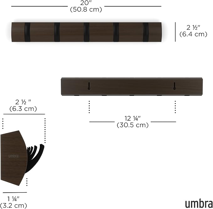 Umbra Flip Coat Rack, Wall Mounted 5-Hook Space Saving, Walnut/Black | Real wood and steel build, retractable hooks fold flat, holds coats bags and scarves, easy install
