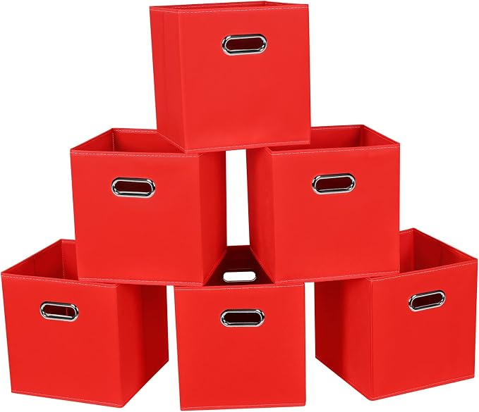 Fabric Cloth Storage Bins,Fabric Cube Bins Organizer with Dual Handles Foldable Cube Storage Baskets for Home Bedroom Storage,Set of 6,(Red)