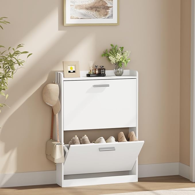 Slim Shoe Cabinet for Entryway with 2 Flip Drawers, 23.6" W White | Freestanding shoe storage cabinet for entryway,foyer and hallway,Narrow design and space-saving flip drawers