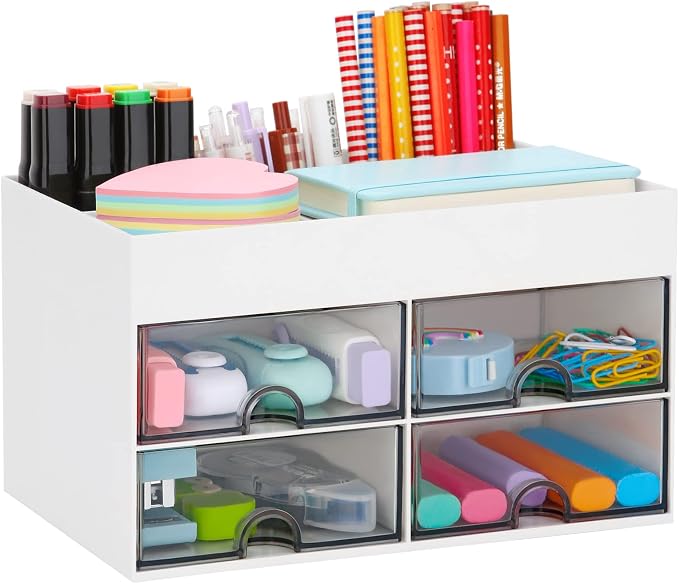 LETURE Desktop Organizer with Drawer, Accessories Stationary Organizer Desk Caddy, Pen/Pencil/Business Card/Sticky Note Tray/Paperclip Holder Storage Box (White)