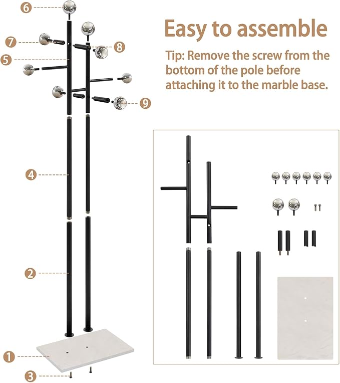 Metal Standing Coat Rack for Entryway Bedroom Living Room (Black) | Easy Assembly, Compact Footprint, Space Saver, Metal Frame, Marble Base, Sturdy, 8 Spherical Hooks, Office, Corner