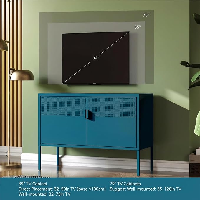 COFaR TV Stand for TVs up to 75 Inch, 40 Inch Media Console with Ventilation Doors, Metal Entertainment Center with Adjustable Shelves & 120Lbs Storage for Living Room & Bedroom, Peacock Blue