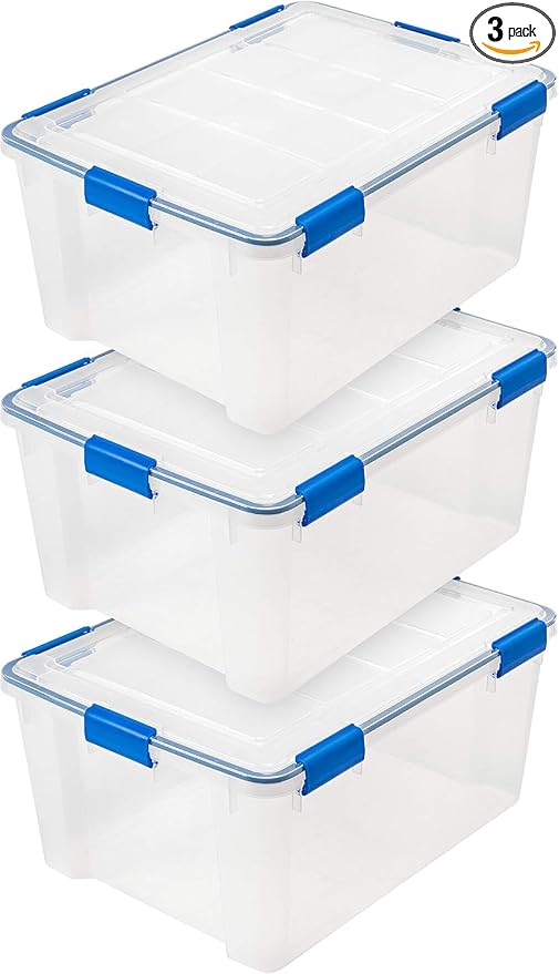 IRIS USA 3-Pack 60 Qt Storage Bins with Gasket Lids, Clear/Blue | WeatherPro seal helps protect bulky items for moving, garage, attic and basement storage