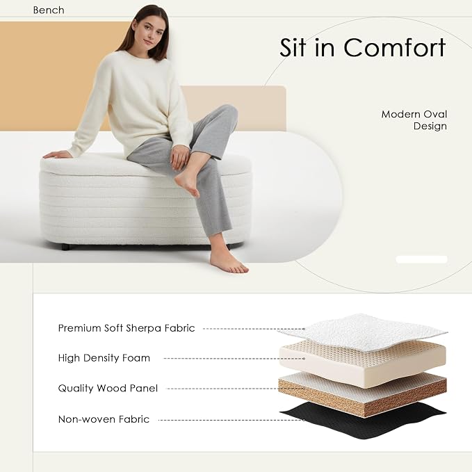 45.5" Storage Teddy Ottoman Bench Upholstered Fabric Bench Hidden Storage Chest with Slow-Close Safety Hinge for Bedroom, Living Room, Entryway, White