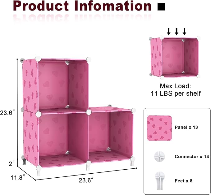UNKU 3 Cube Storage Organizer, Closet Organizer Storage Shelves,Pink | DIY Stackable Bookcase, Clothes Organizer Shelf for Closet, Bedroom, Living Room, Cabinet, Home, Office