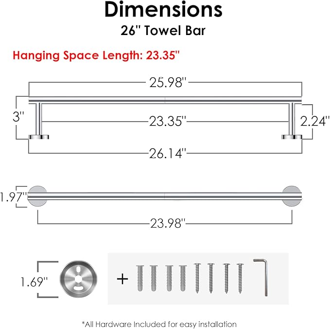 FORIOUS Towel Bar 24" Towel Racks for Bathroom Wall Mounted Chrome | Total Length 26 Inch, Rustproof, Stainless Steel Towel Holder, Wall Mounted for Bathroom Bedroom, Heavy Duty, Space Saving