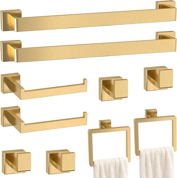 10-Pieces Gold Bathroom Accessories Set, 24 Inch Towel Bar Set | Stainless Steel, Towel Ring, Toilet Paper Holder, Robe Hooks, Towel Racks for Bathroom Wall Mounted, Bathroom Hardware Set