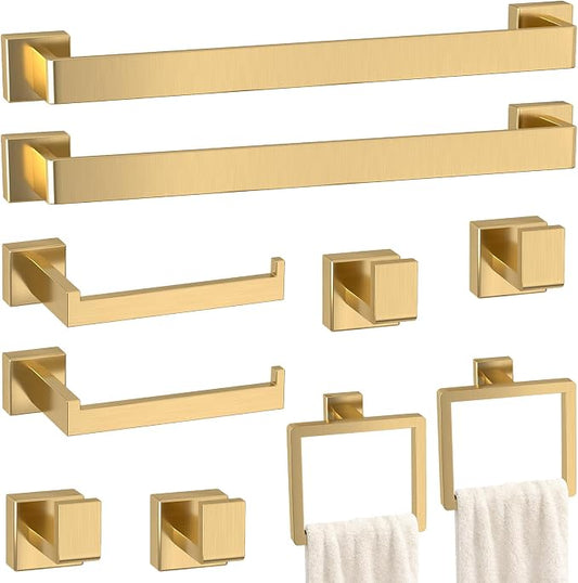 10-Pieces Gold Bathroom Accessories Set, 24 Inch Towel Bar Set | Stainless Steel, Towel Ring, Toilet Paper Holder, Robe Hooks, Towel Racks for Bathroom Wall Mounted, Bathroom Hardware Set