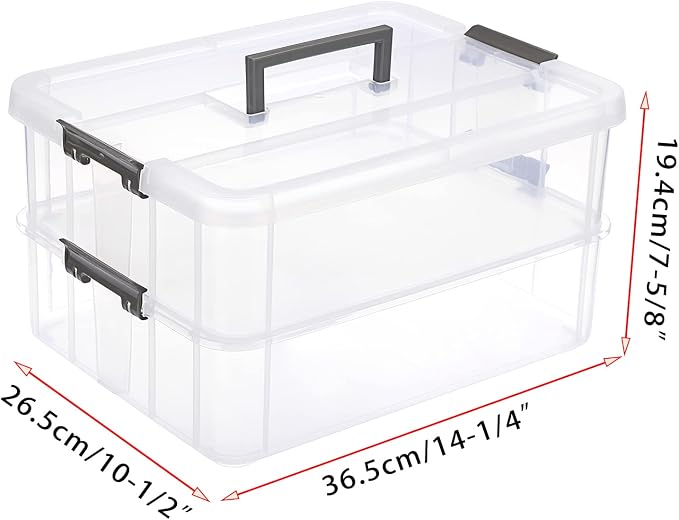 JUXYES 2-Tiers Plastic Stack Carry Storage Containers Box wih Handle Lids | Clear Stackable Latching Craft Storage Bin for School Office, Organizing Stationery, Sewing, Art Craft, DIY Supplies, Gray