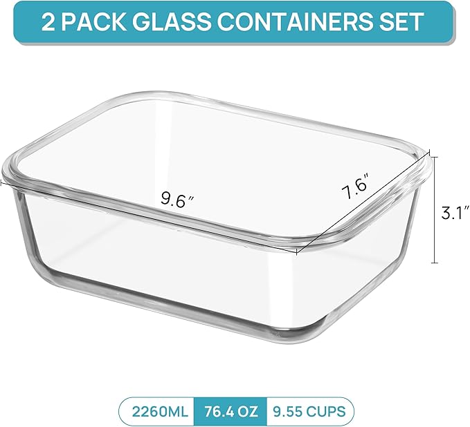 Vtopmart 2Pack 2260ml/76.4oz Extra Large Glass Storage Containers, Grey | Meal Prep Food Container Set with Snap Airtight Lids, Microwave, Oven, Freezer, Dishwasher Safe, Baking, BPA Free
