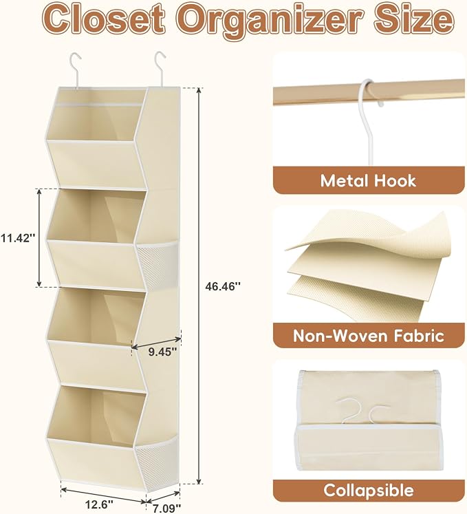 4 Shelf Hanging Closet Organizer Closet Storage for Wardrobe 2 Packs Beige | Hanging Storage Organizer for Closet Organizers and Storage, Hanging Clothes Organizer for Closet Organizer Closet Shelves