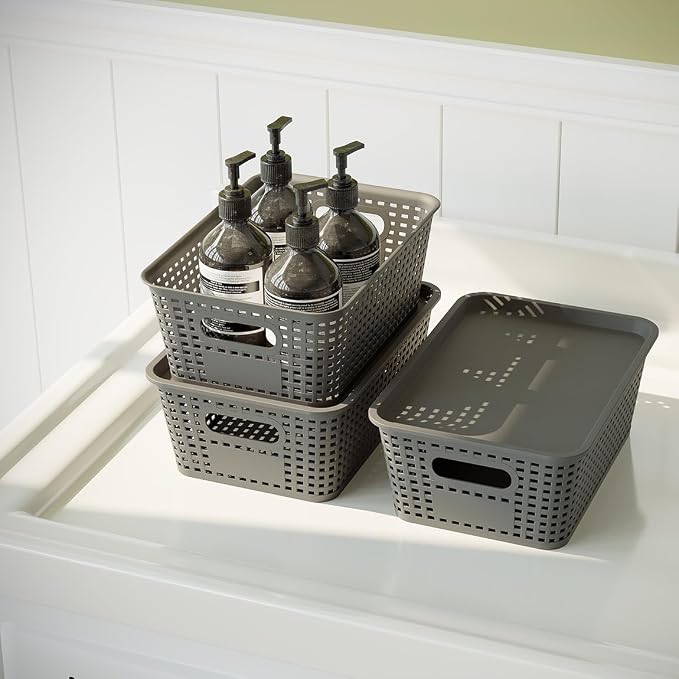 Resze 6 Pack Plastic Breathable Storage Baskets with Lids, Gray | Organizer Bins& Containers for Pantry, Desktops, Cabinet, Closet, Offices Organization Toys, Space Saving, Easy-Carry Handles