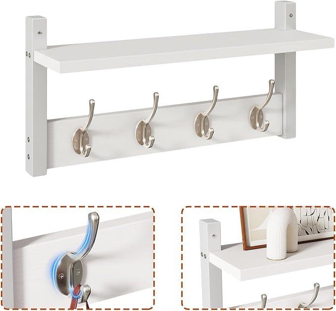 YMYNY Coat Rack Wall Mount with Shelf and Hooks, White UHWS001W-2 | 2 Pack Wooden Wall Mounted Coat Hanger with Shelf and 8 Double Hooks, Wall Coat Rack for Entryway Hallway Bedroom Bathroom
