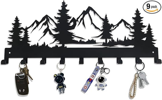 Metal Key Holder, Wall Mounted Key Hooks, Key Holder for Wall, Key Organizer Rack with 9 Hooks, Key Hanger Decor for Kitchen, Entryway, Hallway, Bedroom, Doorway (Mountain 14IN)
