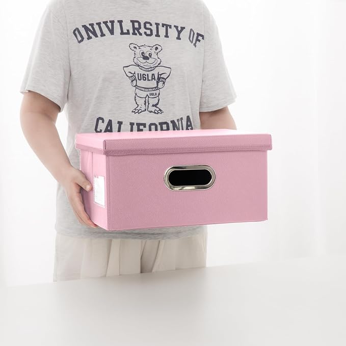 PRANDOM Collapsible Storage Box with Lid [3-Pack] Leather Fabric Foldable Storage Bin Organizer Container Basket Cube with Cover for Home Bedroom Closet Office Nursery Pink(13.6x9.6x6.9)