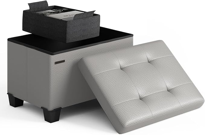 Storage Ottoman Cube with Small Bin, 16-in Square Ottoman with Storage for Living Room and Bedroom, Small Ottomans Foot Rest, Leather Foot Stools Ottomans Max 330lbs, Light Grey