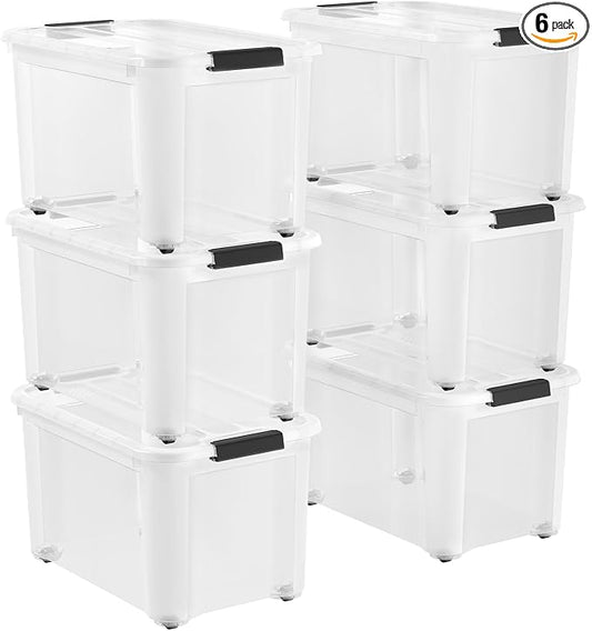 Lifewit 34Qt Storage Bins with Lids, Plastic Large Latches Boxes with Wheels, Clear Totes Tubs Container for Closet Organizers and Storage, Bedroom, Clothes, Craft, 6 Pcs