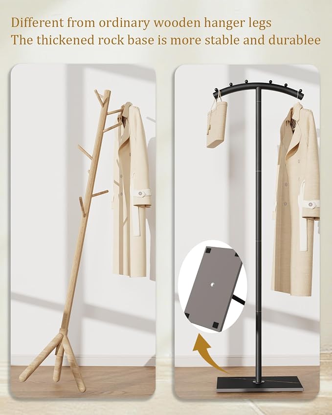 T-Shaped Metal Clothing Racks,Freestanding Coat Tree,68.9in,Black | Coat Racks with Strong Load-Bearing Capacity, Clothes Hanger Stand with Natural Rock Base, Suitable for Outerwear,Handbags