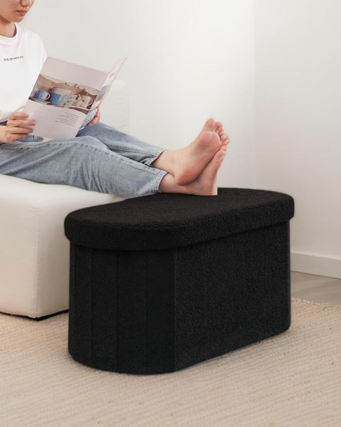 30 Inches Oval Storage Ottoman Bench, Foldable Footrest | Teddy Boucle Fabric, Hidden Storage, Soft Padded Seat, Compact Ottoman For Living Room, Bedroom, Dorm, Black