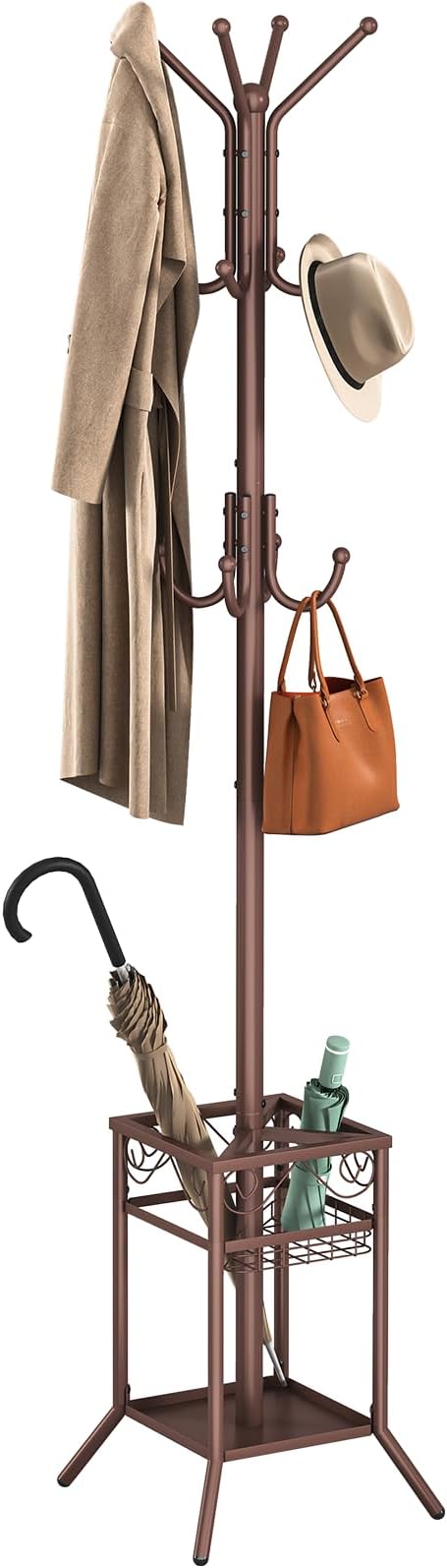 ELYKEN Coat Rack Freestanding, Metal Coat Rack with Umbrella Holder | 12 Hooks, Square Base, Heavy Duty Floor Standing Coat Tree for Entryway, Hallway, Living Room, Bedroom, Office, Brown