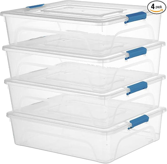 novelinks 10 Quart Clear Plastic Storage Containers with Lids (4 Pack) | Storage Bins with Lids, Stackable Small Clear Bins, Craft Storage Box, Paper Storage, Under Bed Storage Bins, Pencil Box