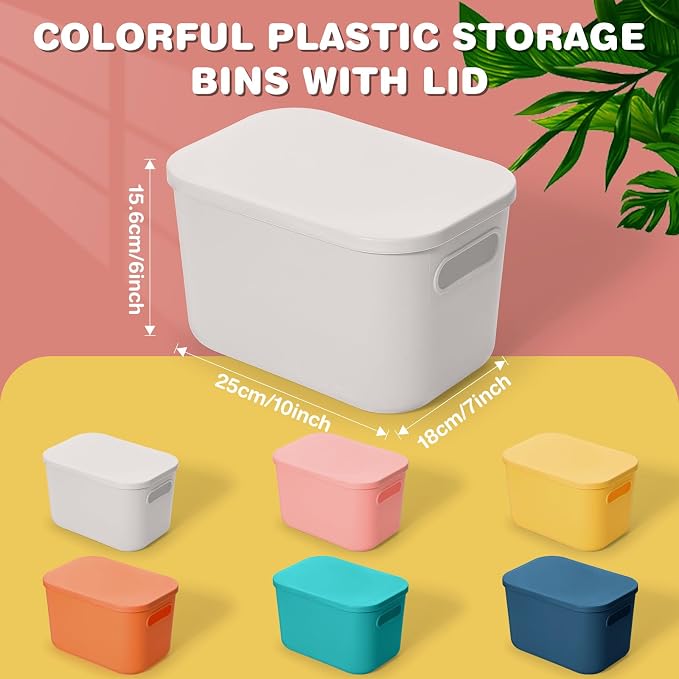Thyle 24 Pack Classic Colorful Plastic Storage Bins with Lids 7 Quart Toy Storage Box Stackable Nestable Organizer Boxes with Handle and Labels for Classroom Shelf Bedroom Desktop Toys School Supplies