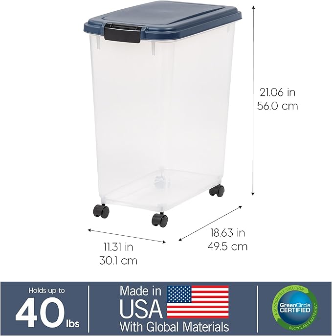 IRIS USA Airtight Dog Food Storage Container, Up to 40 lbs, Attachable Wheels, For Dog Cat Bird and Other Pet Food Storage Bin, Keep Fresh, Translucent Body, Easy Mobility, Navy | Clear Plastic Bin with Snap-Lid Seal and Wheels to Keep Kibble, Pellets,...