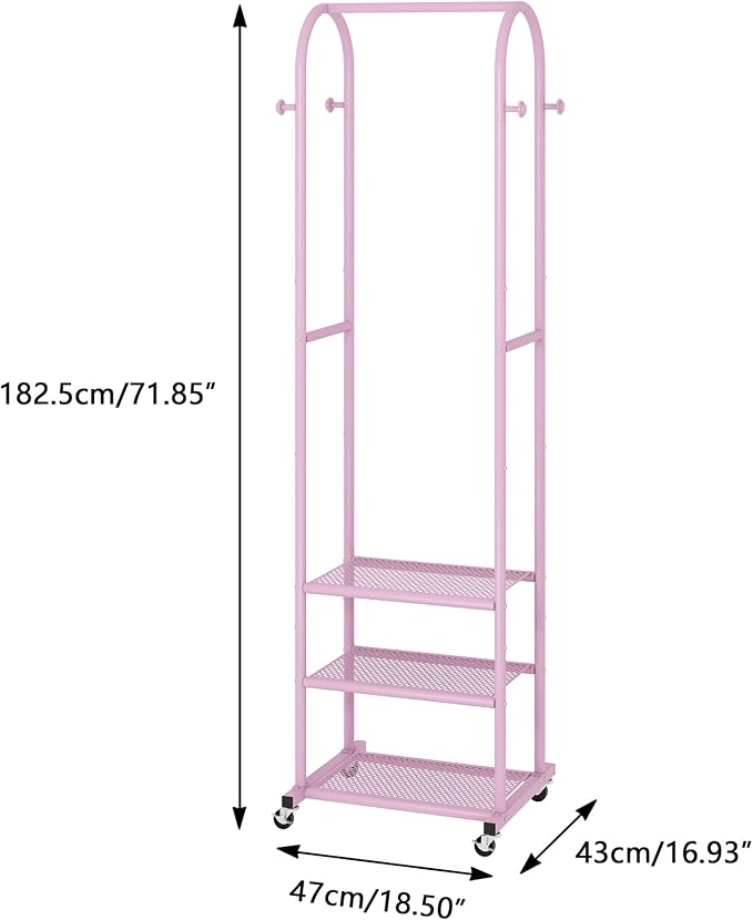 Kaitiemoo Clothing Rack, Mobile Garment Rack with Wheels & 3 Shelves, pink | Heavy Duty Frame, Fits Small Spaces, 71.8 Inches Display Rack, Easy to install, pink clothes rack