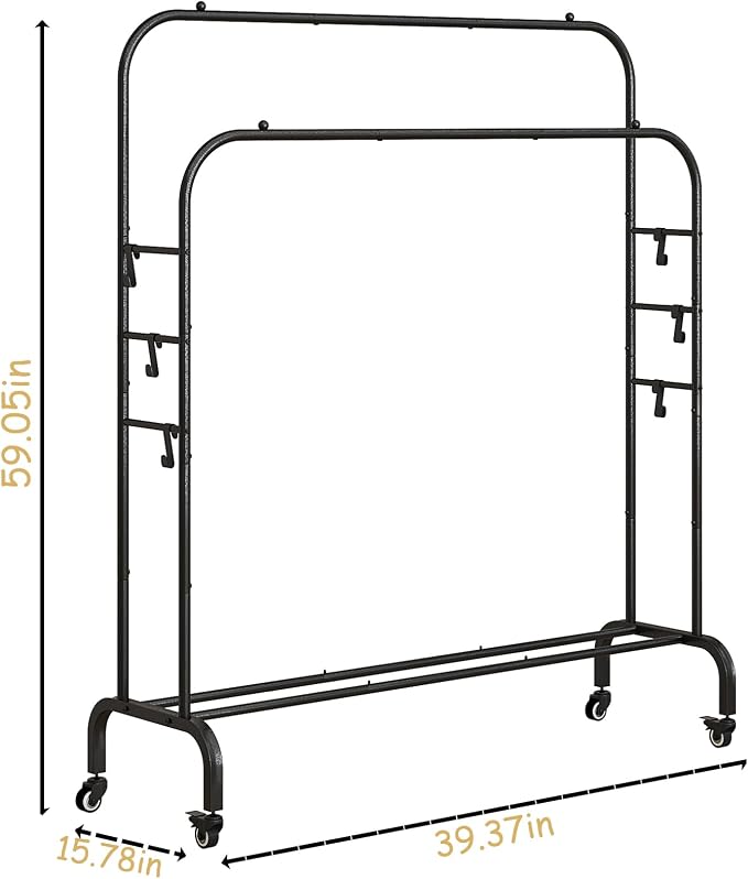 SUOERNUO Clothes Rack with Lockable Wheels Double Rods Metal Garment Racks | Portable Heavy-Duty Clothing Rack with Bottom, Rolling Clothes Shelves for Bedroom Laundry Living Room, Black