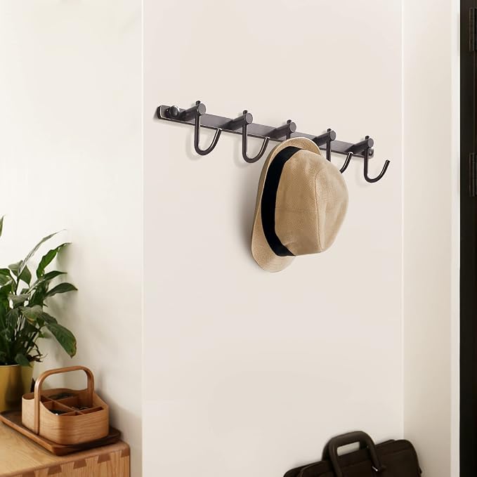 WINCASE Bronze Towel Hooks, Bathroom Rail Hook Rack Wall Mounted, Antique Oil Rubbed Brass Cloth Coat Rack with 5 Hooks Farmhouse